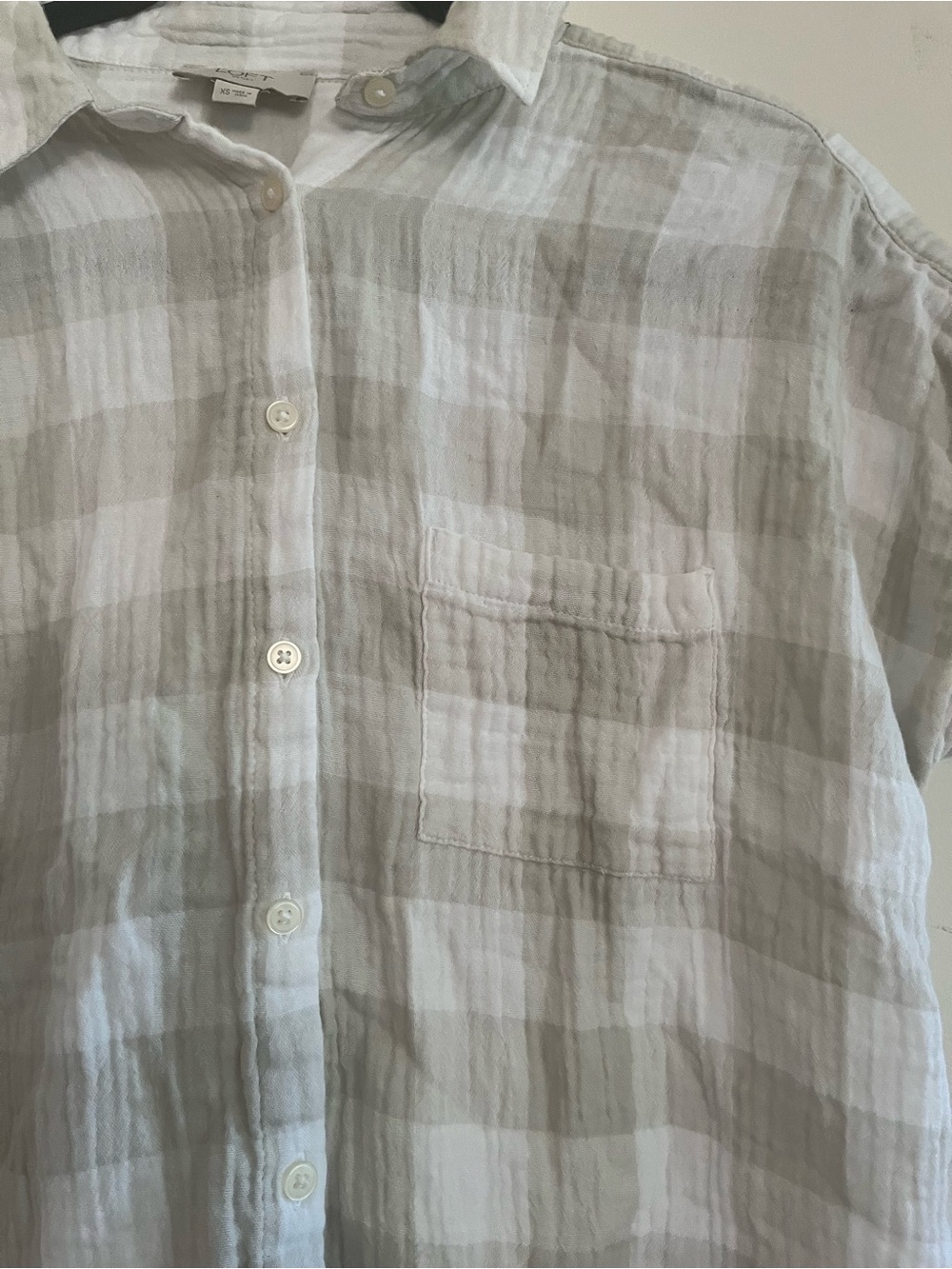 Loft 100% Gauze Cotton Gray White Plaid Button Up Top XS Capsule Western Coastal - Picture 3 of 6
